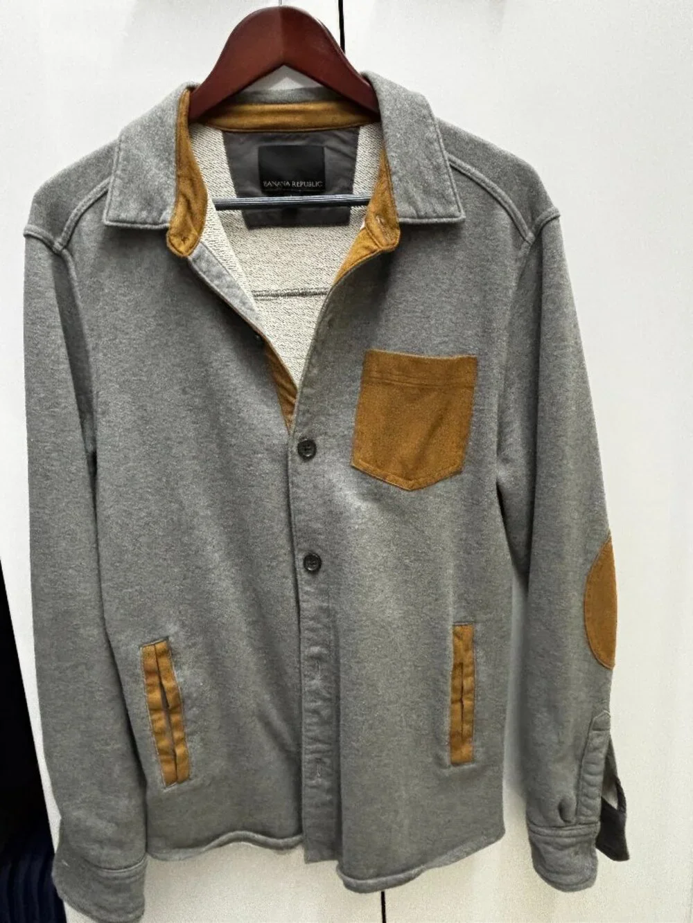 Banana Republic Men’s Gray Fleece Shirt Jacket with Suede Elbow Patches - Size L